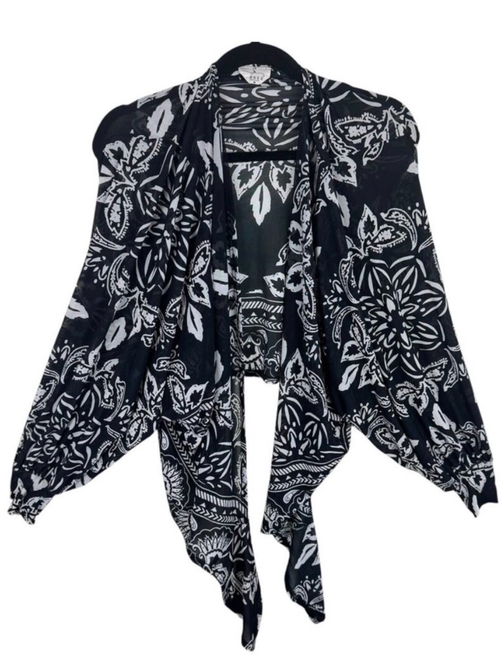 Ember Black White Long Dolman Sleeve Lightweight Stretchy Sheer Open Blouse Sz M